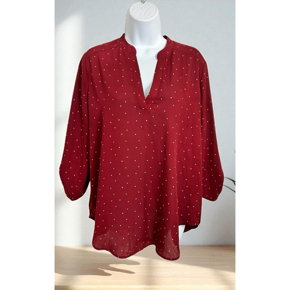 Lush Maroon Polka Dot Blouse Sz Large Split Neck 3/4 Roll Tab Sleeve Top Career - Picture 1 of 5